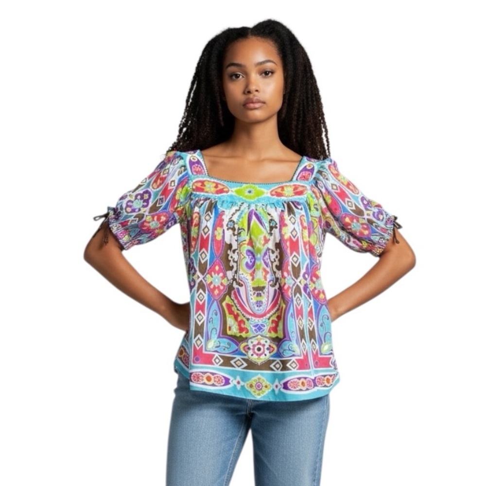 Vintage Y2K Peasant Style Multi Color Boho Crochet Trim Blouse by Nicole Miller